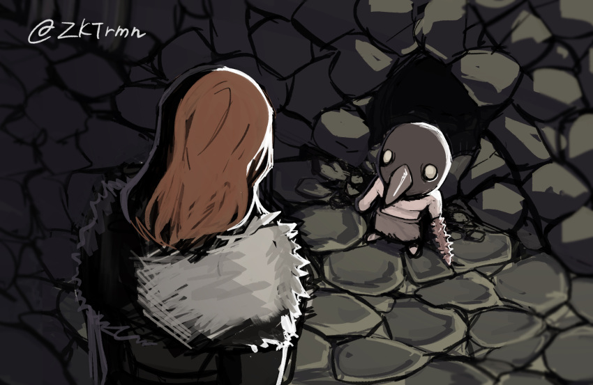 2boys, animal_head, brown_hair, chibi, crow_mauler, fear_&amp;_hunger, from_behind, fur_trim, highres, hole_in_wall, looking_at_another, male_focus, medium_hair, multiple_boys, prosthetic_weapon, ragnvaldr_(fear_&amp;_hunger), topless_male, twitter_username, zokukotsu_ramen