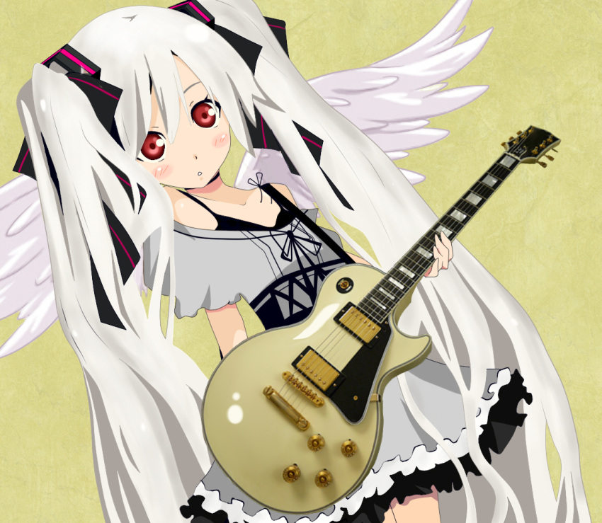 :o, albino_(vocaloid), ameria1118, angel_wings, bad_id, dress, guitar, hair_ribbon, hatsune_miku, instrument, long_hair, red_eyes, ribbon, solo, twintails, very_long_hair, vocaloid, white_hair, wings