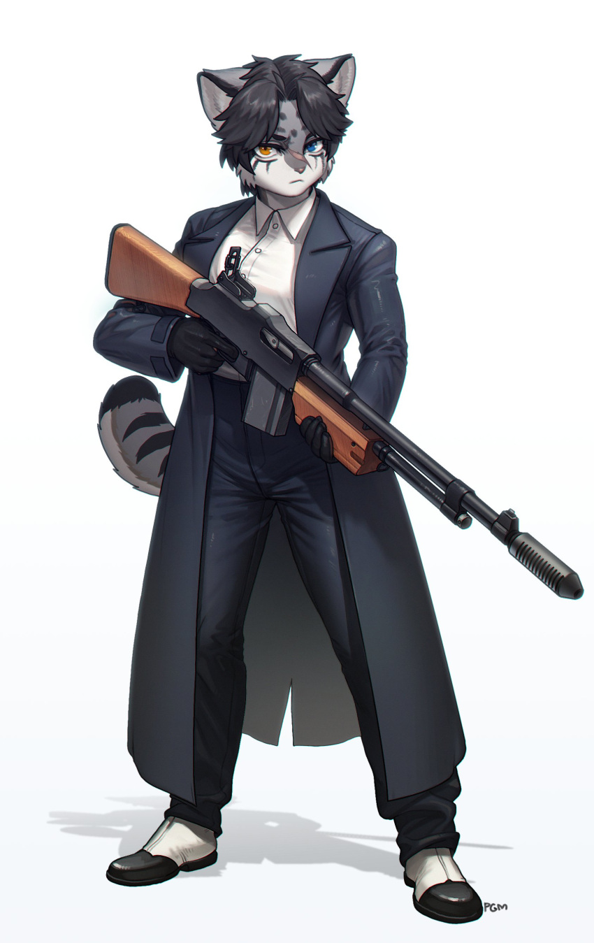 1girl, absurdres, animal_ears, black_coat, black_gloves, black_hair, black_pants, blue_eyes