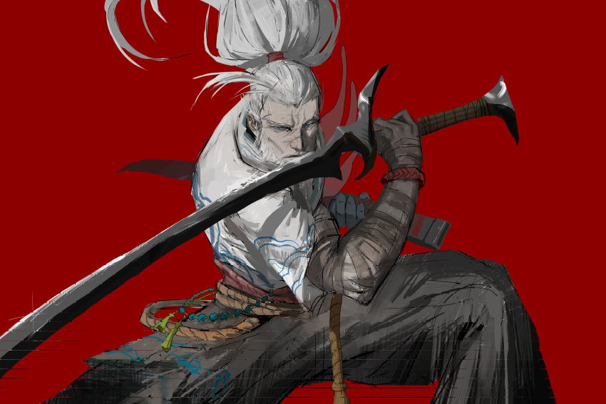 1boy, absurdres, aged_up, bandaged_arm, bandages, beard, facial_hair, foreseen_yasuo, grey_hair, hakama, highres, holding, holding_sword, holding_weapon, japanese_clothes, katana, league_of_legends, long_hair, mustache, official_alternate_costume, ponytail, red_background, rrrr46621358, short_sleeves, solo, sword, weapon, yasuo_(league_of_legends)