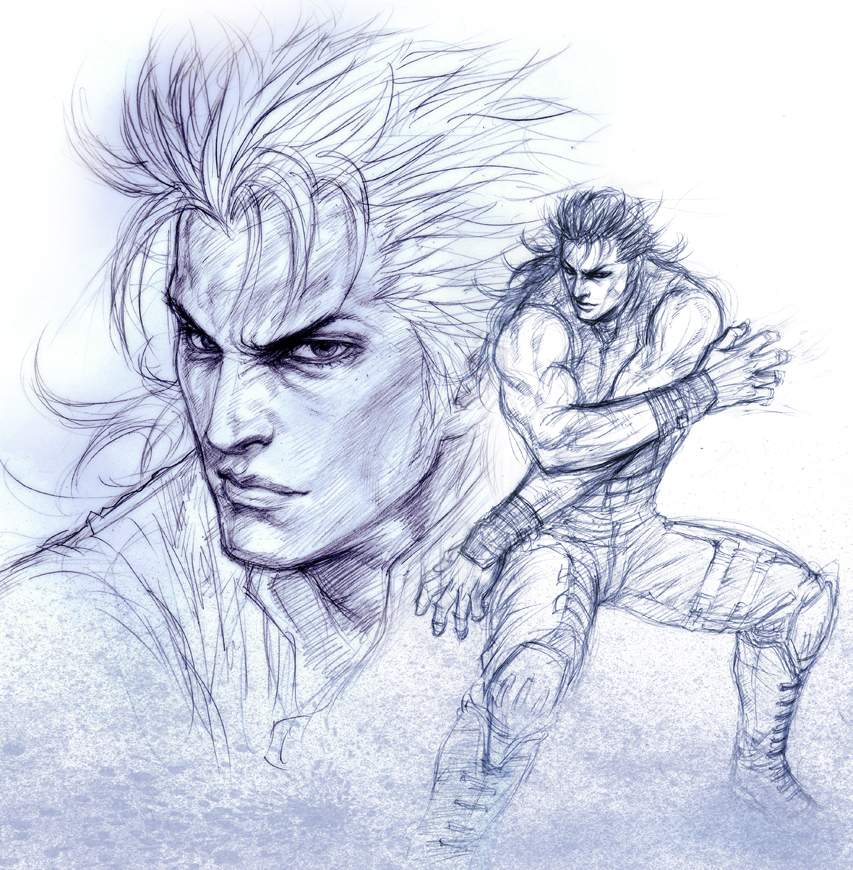 fighting_stance, hokuto_no_ken, male, manly, monochrome, muscle, realistic, rei_(hokuto_no_ken)