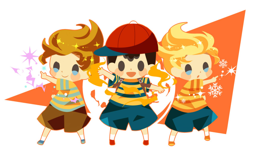 3boys, black_hair, blonde_hair, blue_footwear, blue_shorts, blush_stickers, brown_hair, brown_shorts, claus_(mother_3), claus_(mother_3)_(cosplay), closed_mouth, cosplay, cryokinesis, fire, full_body, hitofutarai, index_finger_raised, lucas_(mother_3), male_focus, mother_(game), mother_2, mother_3, multiple_boys, ness_(mother_2), open_mouth, pyrokinesis, short_hair, shorts, smile, super_smash_bros.