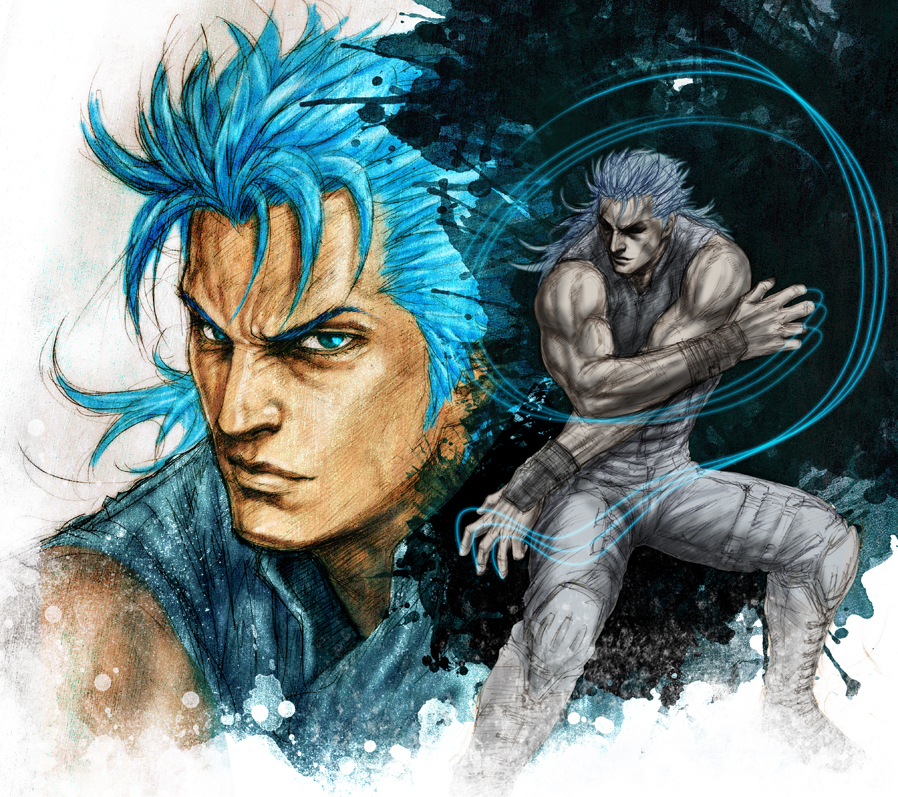 blue_hair, faux_traditional_media, fighting_stance, hokuto_no_ken, male, manly, muscle, rei_(hokuto_no_ken), yasu001