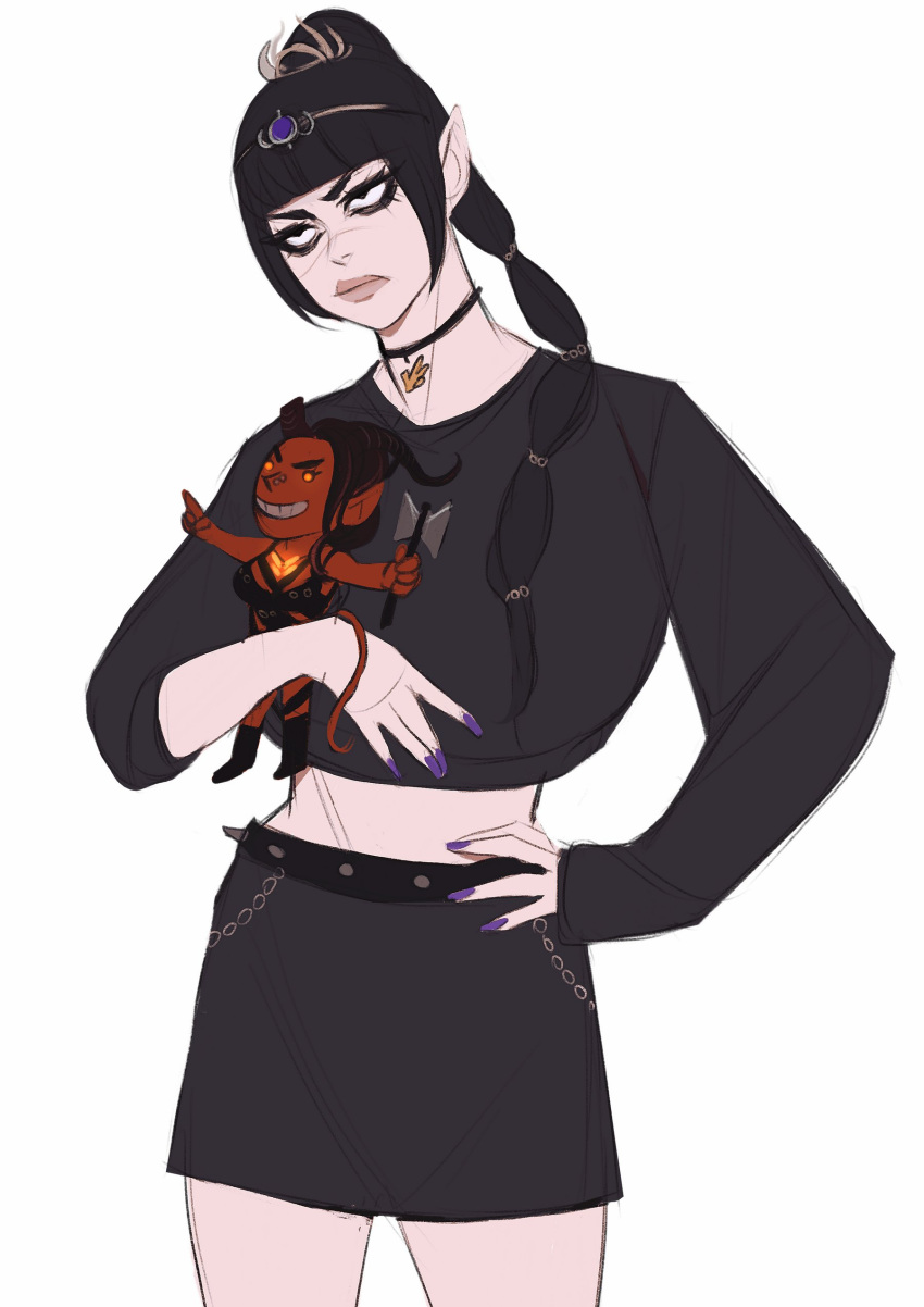 1girl, absurdres, baldur's_gate, baldur's_gate_3, black_choker, black_shirt, black_skirt, blunt_bangs, choker, doll, dungeons_and_dragons, grin, hair_ornament, highres, holding, holding_doll, hugging_doll, hugging_object, karlach, long_sleeves, pale_skin, pointy_ears, purple_nails, shadowheart_(baldur's_gate), shirt, simple_background, skirt, smile, solo, teeth, white_background, ykshelter