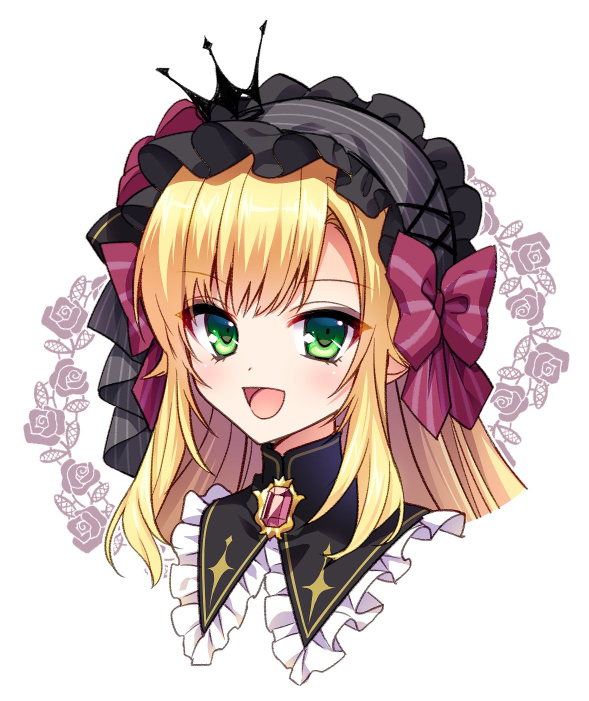 1boy, :d, black_bow, black_hairband, blonde_hair, bow, collar, commentary_request, crossdressing, crown, dot_nose, eyelashes, eyes_visible_through_hair, floral_background, frilled_collar, frilled_hairband, frills, gem, green_eyes, hair_bow, hairband, highres, jewelry, long_hair, looking_at_viewer, mini_crown, mise_yuzuki, nijisanji, official_alternate_costume, official_alternate_hairstyle, open_mouth, otoko_no_ko, portrait, purple_bow, purple_gemstone, rose_background, sidelocks, smile, striped_bow, swept_bangs, uzuki_kou, uzuki_kou_(4th_costume), virtual_youtuber, white_background