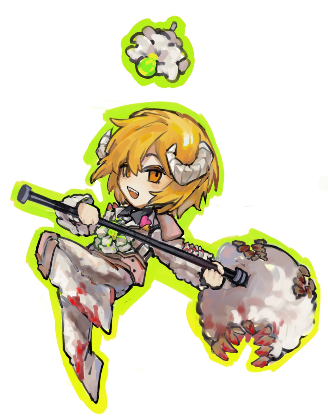 1girl, blonde_hair, blood, blood_on_clothes, don_quixote_(project_moon), e.g.o_(project_moon), fur_jacket, fur_pants