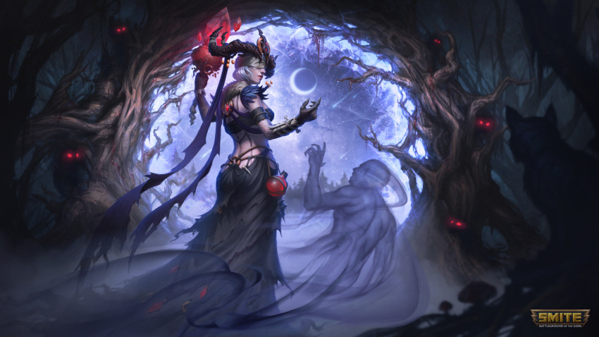 1girl, absurdres, black_skirt, copyright_name, covered_eyes, gaston_aguilera, ghost, glowing