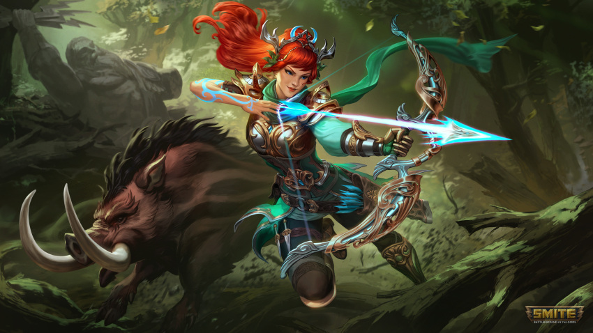 1girl, absurdres, armor, artemis_(smite), blue_eyes, boar, bow_(weapon), copyright_name