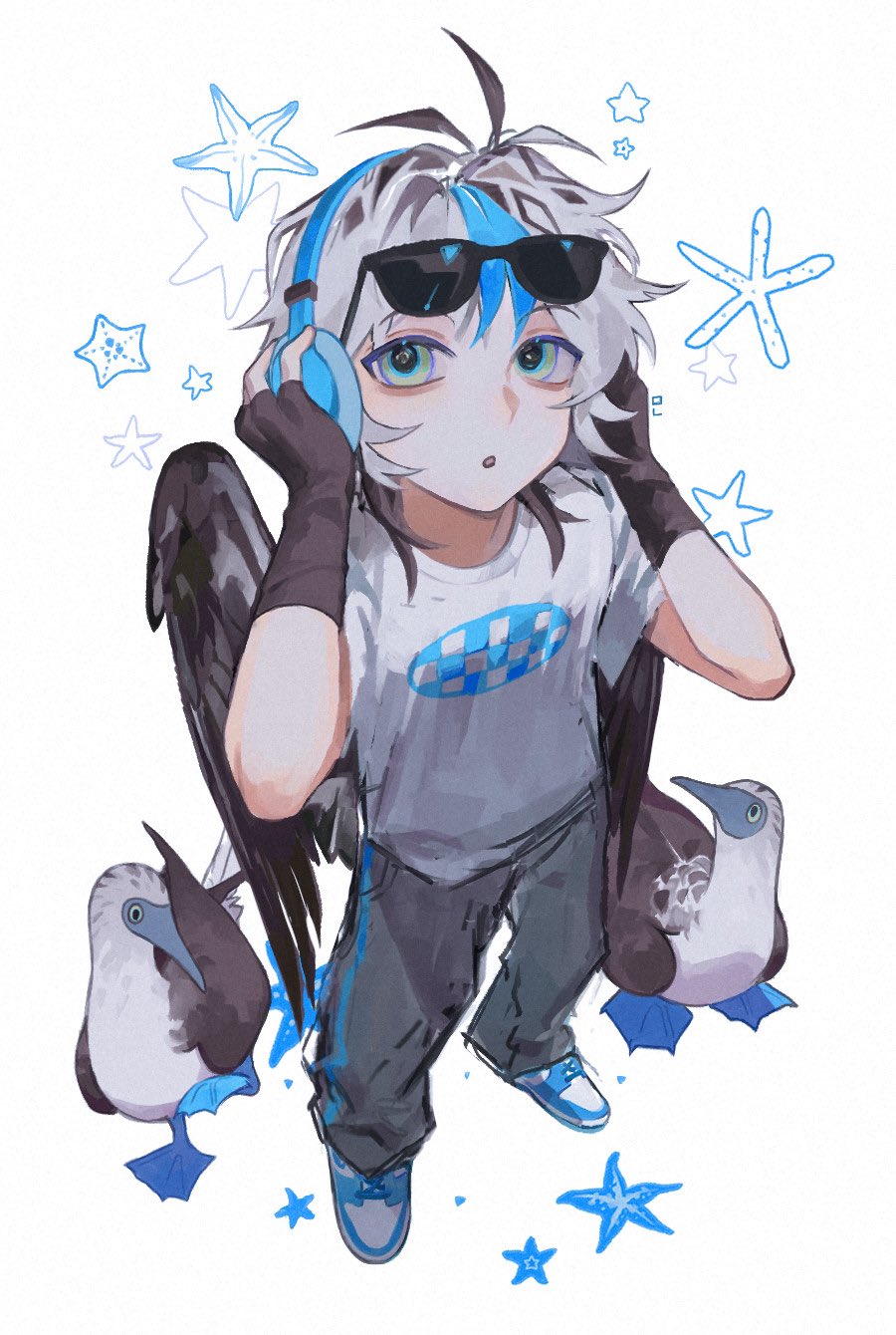 1boy, :o, bird, black_gloves, black_wings, blue-footed_booby, blue_footwear, blue_hair