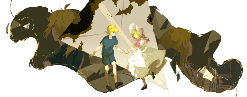 1boy, 1girl, absurdres, barbed_wire, bare_arms, black_footwear, blonde_hair, blue_eyes