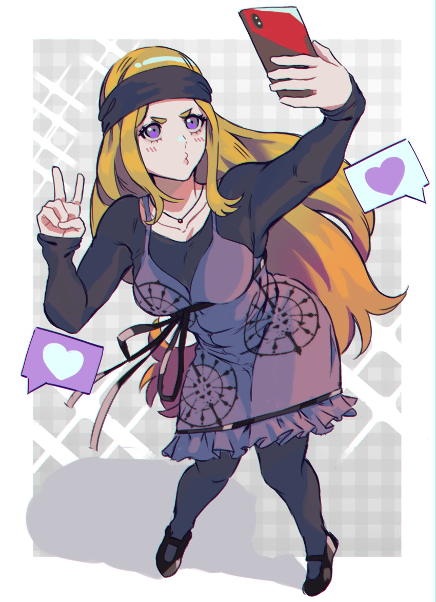 1girl, absurdres, andrich_galam, black_pantyhose, blonde_hair, cellphone, dress, headband
