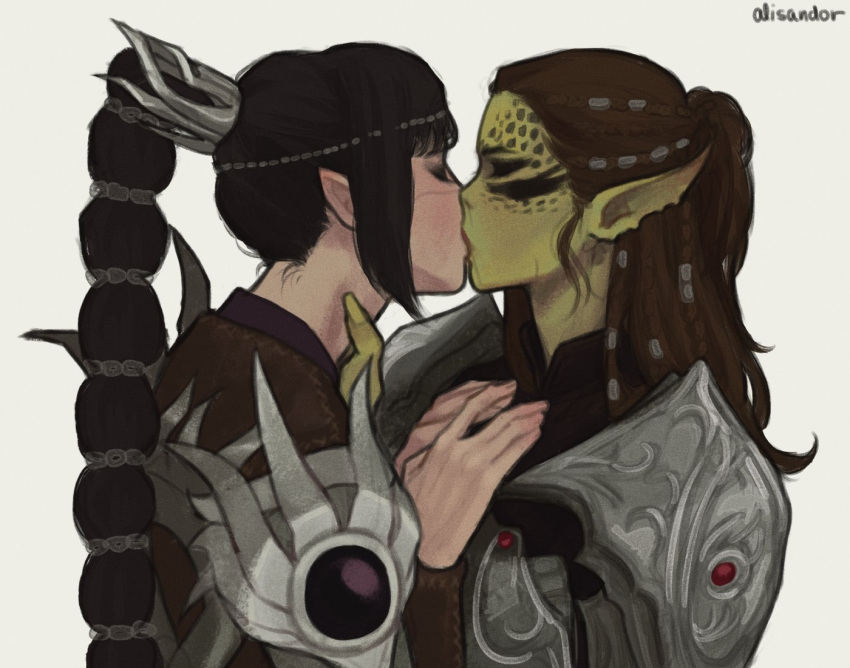 2girls, alisandor, baldur's_gate, baldur's_gate_3, blunt_bangs, braid, brown_hair, colored_skin