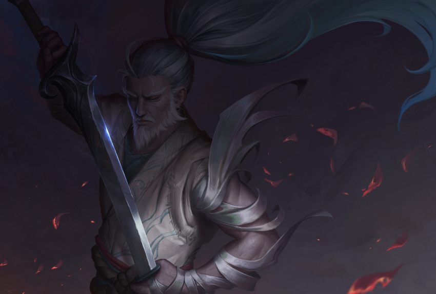 1boy, absurdres, aged_up, bandaged_arm, bandages, beard, closed_eyes, closed_mouth, facial_hair, foreseen_yasuo, grey_hair, highres, holding, holding_sword, holding_weapon, katana, league_of_legends, old, old_man, ponytail, sheathing, sword, thai_thanh, weapon, yasuo_(league_of_legends)
