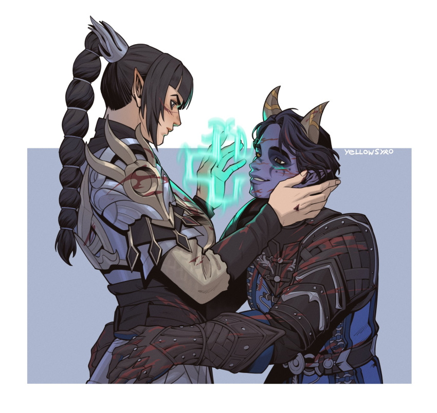 1boy, 1girl, artist_name, baldur's_gate, baldur's_gate_3, belt, black_hair, blood