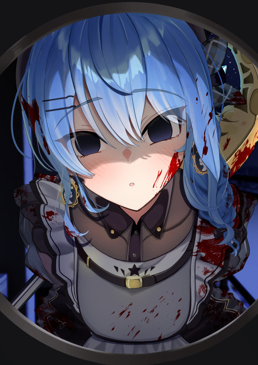 1girl, absurdres, axe, blood, blood_in_hair, blood_on_clothes, blood_on_face, blue_hair