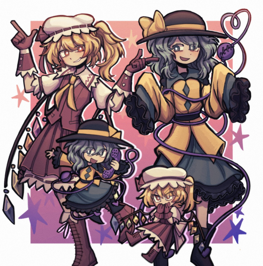 2girls, ascot, black_footwear, black_headwear, blonde_hair, blush, boots, border