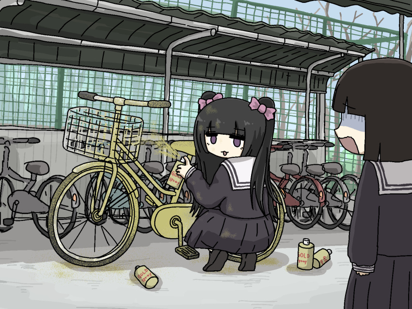 2girls, :3, bicycle, bicycle_rack, black_hair, black_skirt, blunt_bangs, blunt_ends