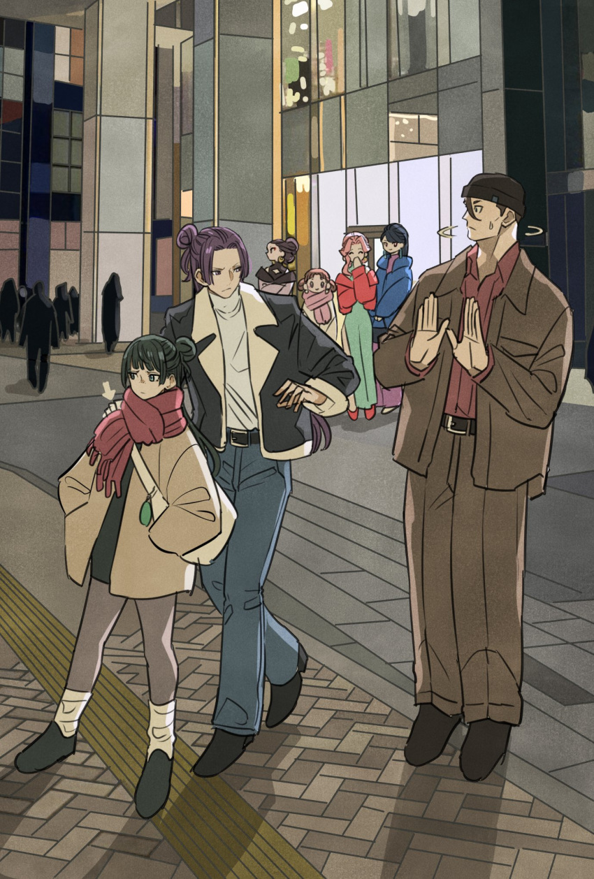 2boys, 5girls, alternate_costume, alternate_hairstyle, bag, belt, black_dress, black_footwear
