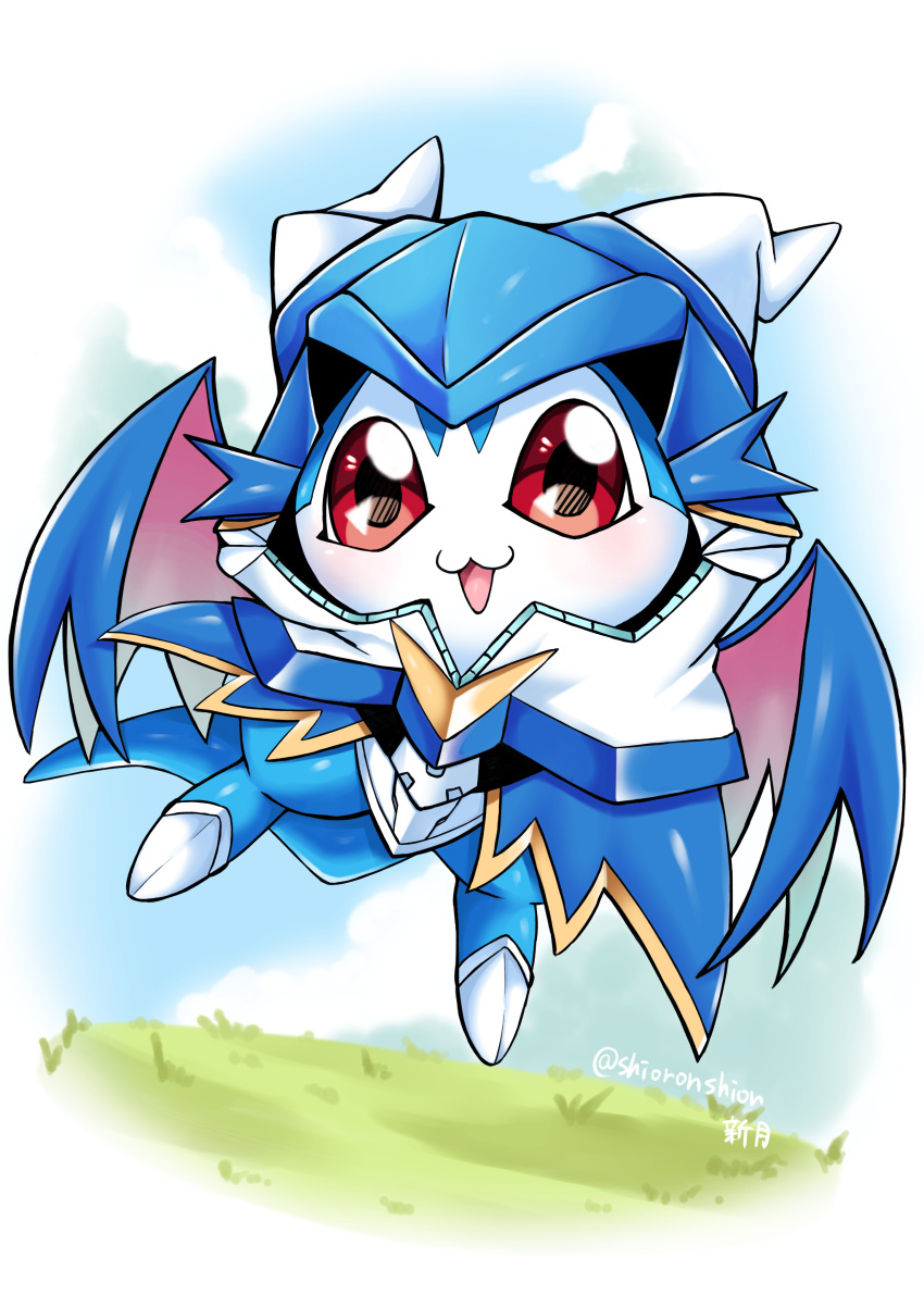 absurdres, blue_skin, chibimon, colored_skin, cosplay, digimon, digimon_(creature), grass, highres, hood, hoodie, looking_at_viewer, no_humans, open_mouth, red_eyes, shingetsu_(doru0222), signature, ulforcev-dramon, ulforcev-dramon_(cosplay), wings