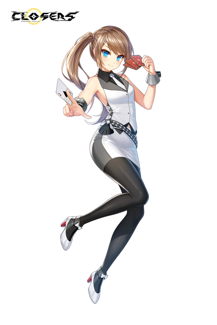 1girl, ace_(playing_card), ace_of_spades, alternate_hair_color, ankle_boots, bare_arms, bare_shoulders, belt, between_fingers, black_bow, black_footwear, black_pantyhose, black_shirt, blue_eyes, boots, bow, breasts, brown_hair, card, closed_mouth, closers, collared_shirt, copyright_name, croupier, dress_shirt, fold-over_boots, footwear_bow, full_body, grey_wrist_cuffs, hair_ornament, hairclip, hand_up, high_heels, highres, holding, holding_card, jumping, leg_up, logo, long_hair, looking_at_viewer, midriff_peek, miniskirt, necktie, official_art, outstretched_arm, outstretched_hand, pantyhose, pencil_skirt, playing_card, reaching, reaching_towards_viewer, seulbi_lee, shirt, side_ponytail, sidelocks, skirt, sleeveless, sleeveless_shirt, small_breasts, smile, solo, spade_(shape), swept_bangs, tachi-e, two-tone_footwear, vest, waistcoat, white_background, white_belt, white_bow, white_footwear, white_necktie, white_skirt, white_vest, wrist_bow, wrist_cuffs