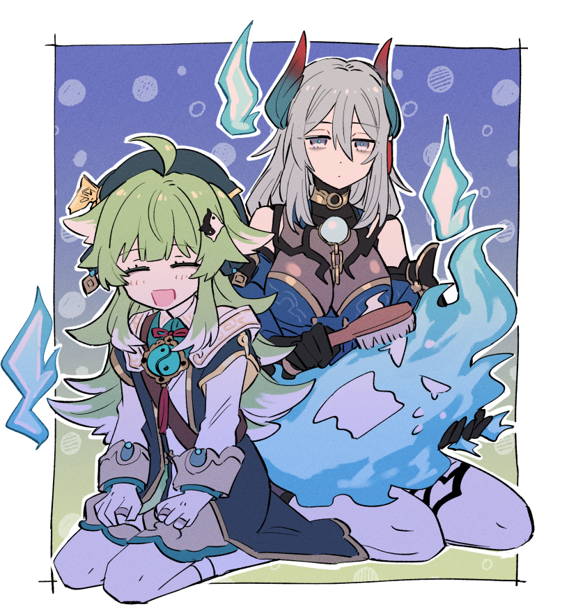 1other, 2girls, ahoge, angry, black_dress, black_headwear, blue_dress, border