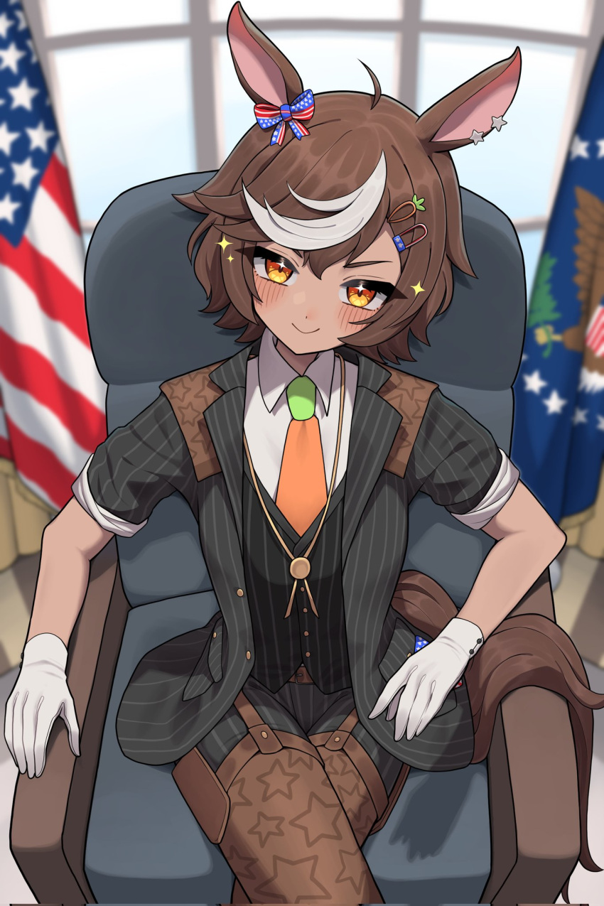1girl, amagasa, american_flag, animal_ears, brown_eyes, brown_fur, brown_hair, closed_mouth