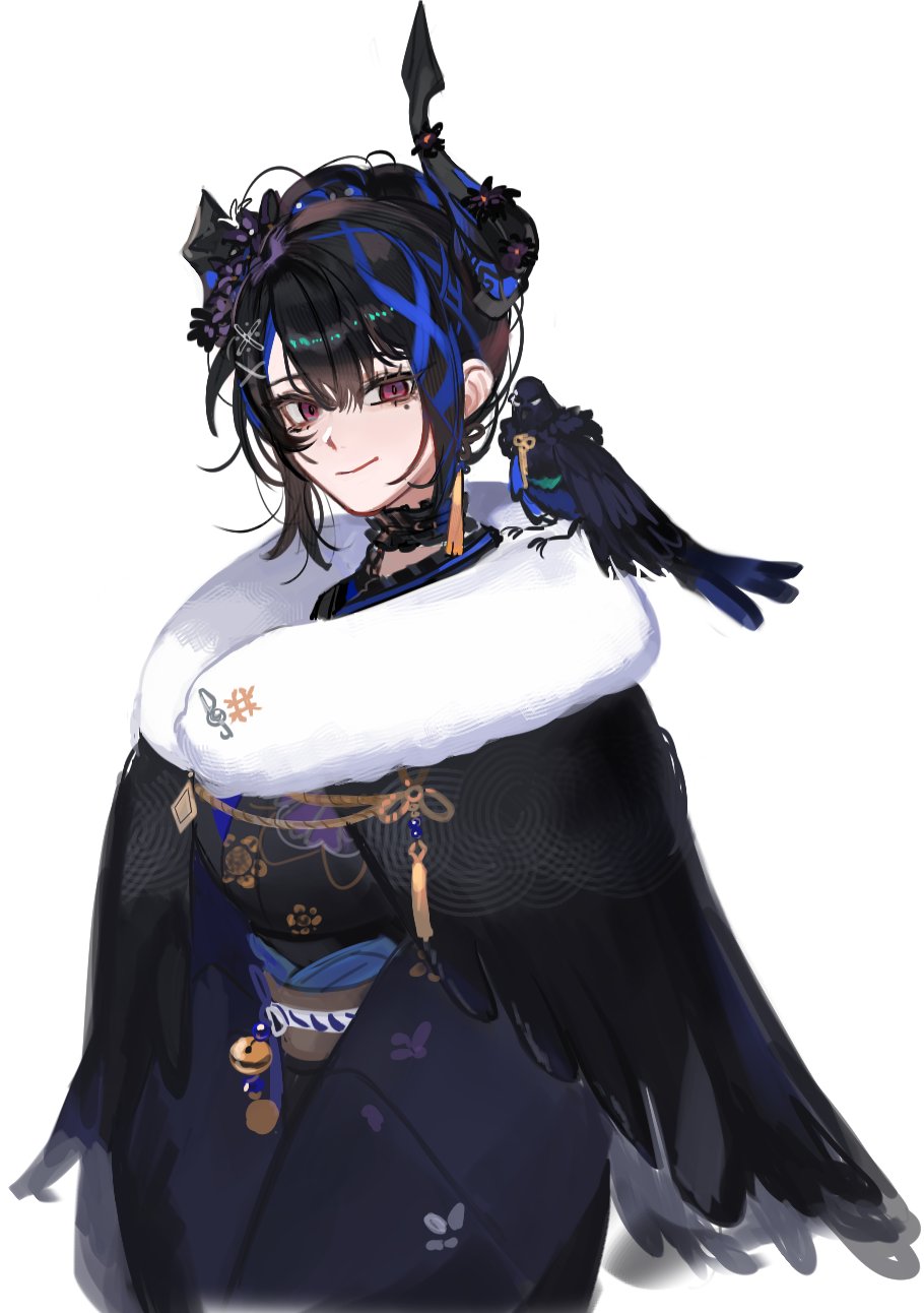 1girl, asymmetrical_horns, bell, bird, black_choker, black_hair, black_kimono, blue_eyes, blue_hair, choker, colored_inner_hair, crow, crystal_horn, demon_horns, eus_ing, frilled_choker, frills, fur_collar, fur_trim, hair_bun, hair_ornament, hair_up, highres, hololive, hololive_english, horns, japanese_clothes, jewel_under_eye, kimono, long_hair, looking_at_viewer, mole, mole_under_eye, multicolored_hair, nerissa_ravencroft, new_year, red_eyes, short_hair, single_hair_bun, smile, solo, split-color_hair, two-tone_hair, uneven_horns, virtual_youtuber