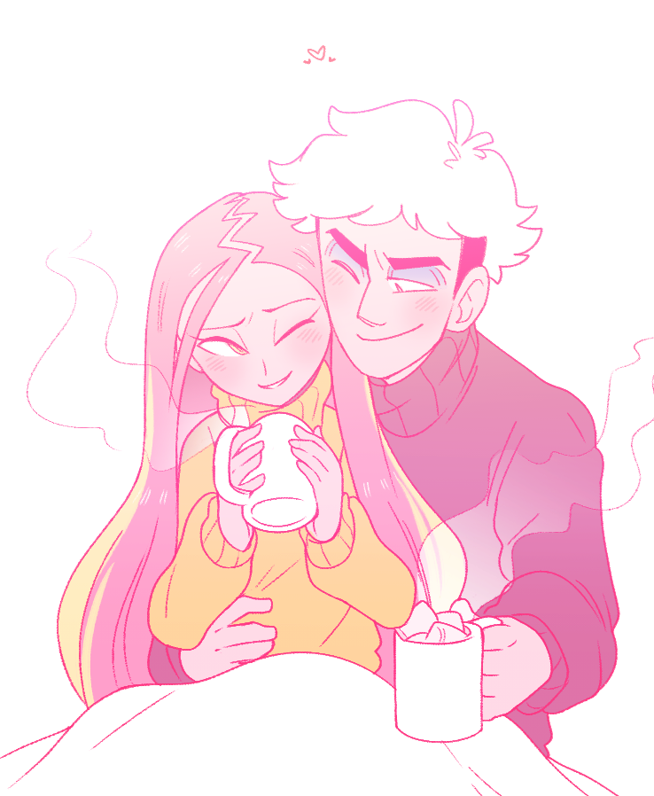 1boy, 1girl, alternate_costume, art_trade, blonde_hair, blush, cup, eyeshadow