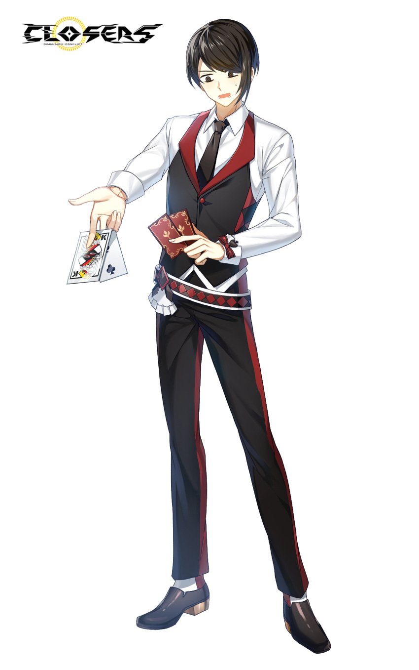 1boy, belt, between_fingers, black_belt, black_footwear, black_hair, black_necktie, black_pants