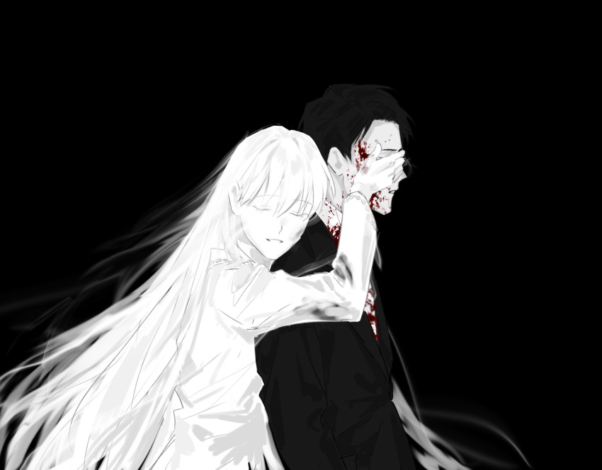 1boy, 1girl, angelica_(project_moon), arm_up, black_background, black_hair, blood, blood_on_clothes