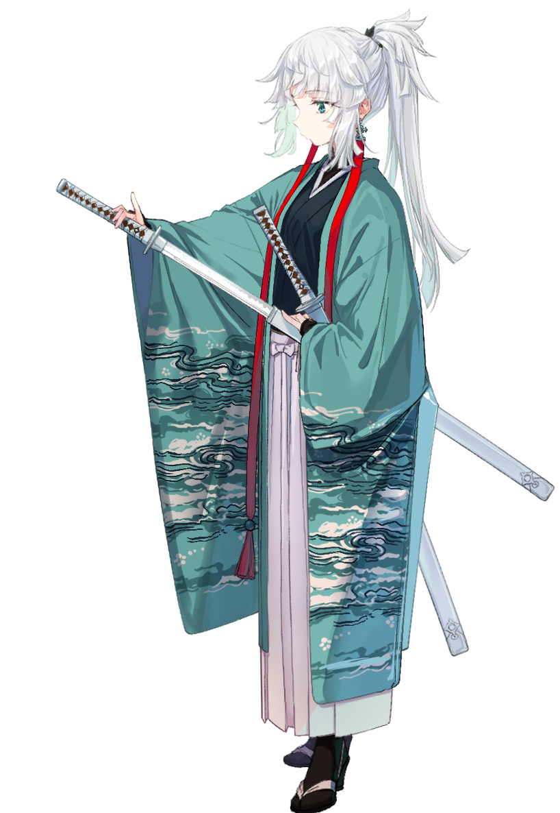 1girl, black_kimono, coffeekite, earrings, fate/samurai_remnant, fate_(series), full_body, green_eyes