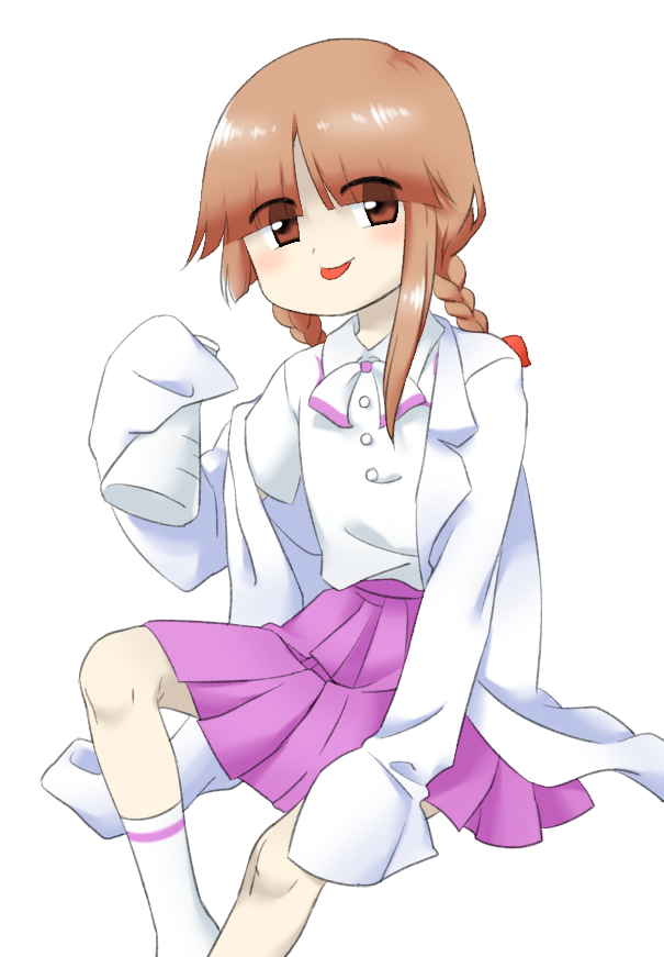 1girl, braid, brown_eyes, brown_hair, closed_mouth, coat, collared_shirt, erlenmeyer_flask