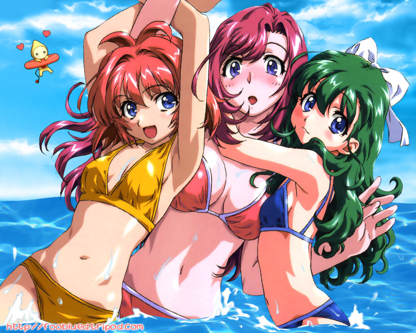 1other, 3girls, bandai, bikini, blue_bikini, blue_eyes, blush, cute