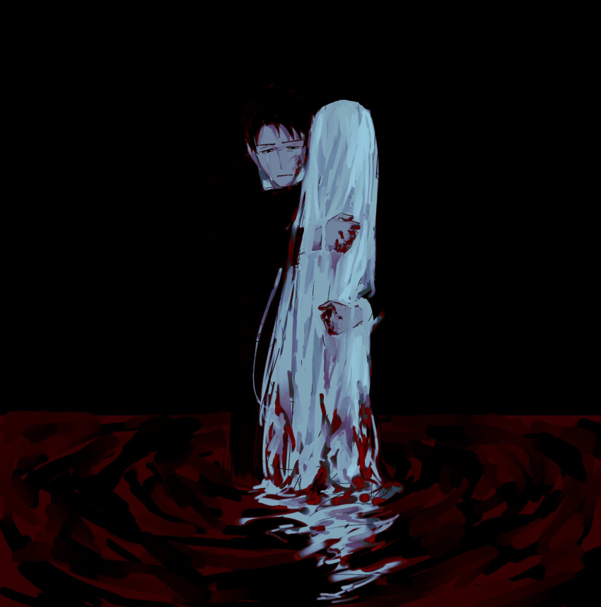 1boy, 1girl, angelica_(project_moon), black_eyes, black_hair, black_pants, blending, blood