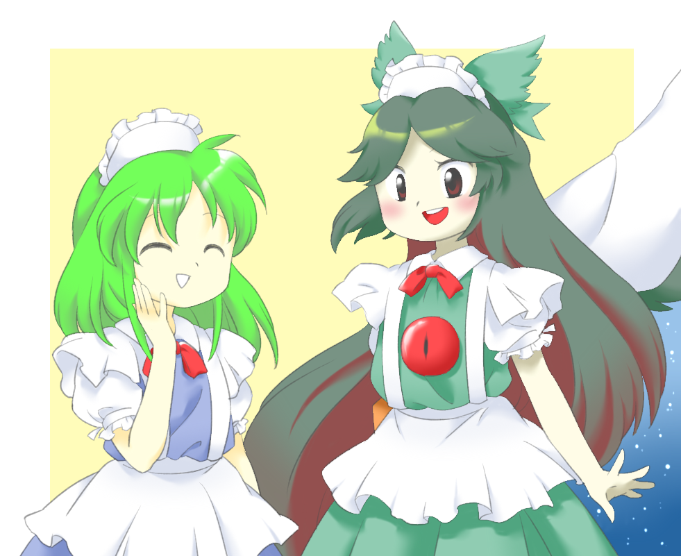 2girls, :d, ^_^, apron, aqua_dress, aqua_hair, bird_wings, bow, bowtie, cape, closed_eyes, dress, feathered_wings, green_hair, hand_on_own_face, hand_up, long_hair, maid_headdress, multiple_girls, nonamejd, official_style, parted_bangs, puffy_short_sleeves, puffy_sleeves, red_bow, red_bowtie, red_eyes, reiuji_utsuho, ruukoto, short_sleeves, smile, teeth, third_eye, third_eye_on_chest, touhou, touhou_(pc-98), upper_teeth_only, very_long_hair, white_apron, wings, zun_(style)