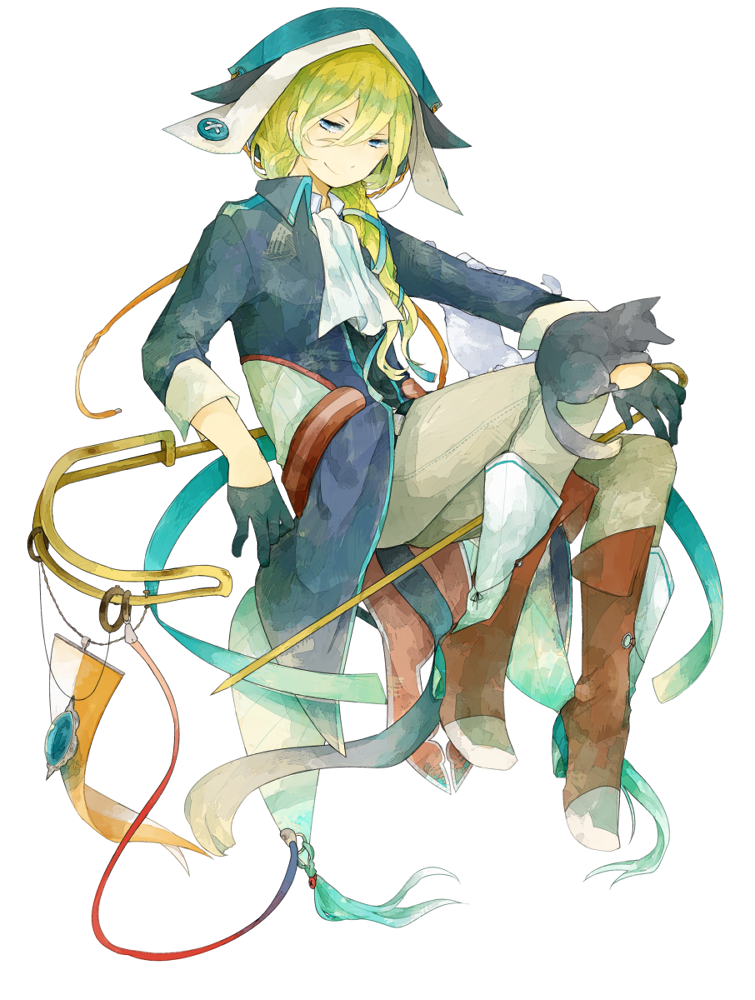 1girl, animal_on_hand, banner, black_cat, black_gloves, blonde_hair, blue_eyes, blue_shirt