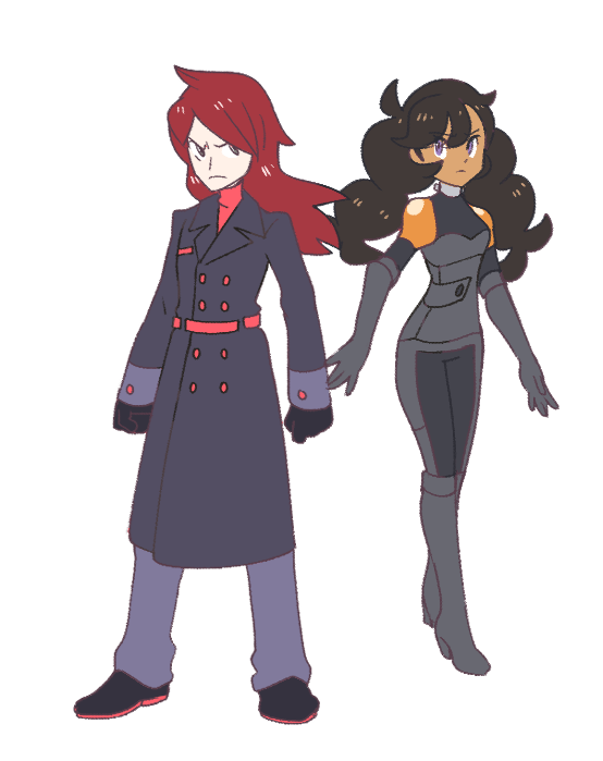 1boy, 1girl, alternate_costume, alternate_universe, black_coat, black_gloves, black_hair, clenched_hands, coat, commission, dark-skinned_female, dark_skin, emma_(pokemon), essentia_(pokemon), full_body, gloves, pokemon, pokemon_hgss, pokemon_xy, silver_(pokemon), simple_background, standing, vergolophus, violet_eyes, white_background