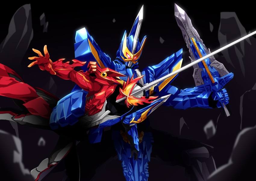 absurdres, commentary_request, dark_background, dual_wielding, fighting_stance, highres, holding, improvised_weapon, kamen_rider, kamen_rider_saber, kamen_rider_saber_(series), king_excalibur, otokamu, standing