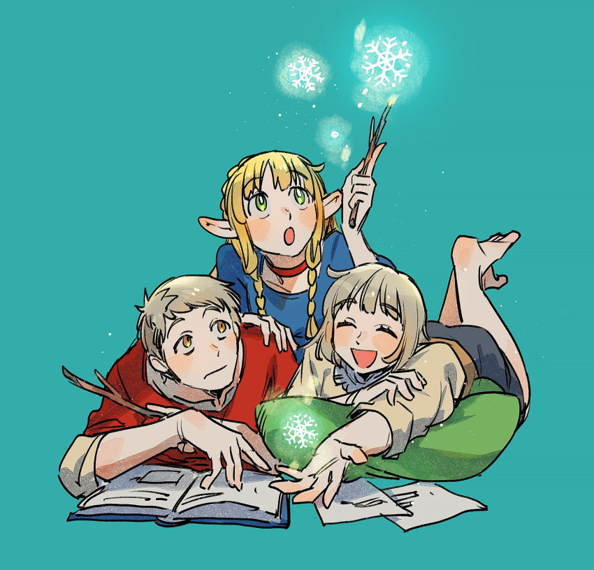 1boy, 2girls, ^_^, aqua_background, barefoot, blonde_hair, blue_dress, book