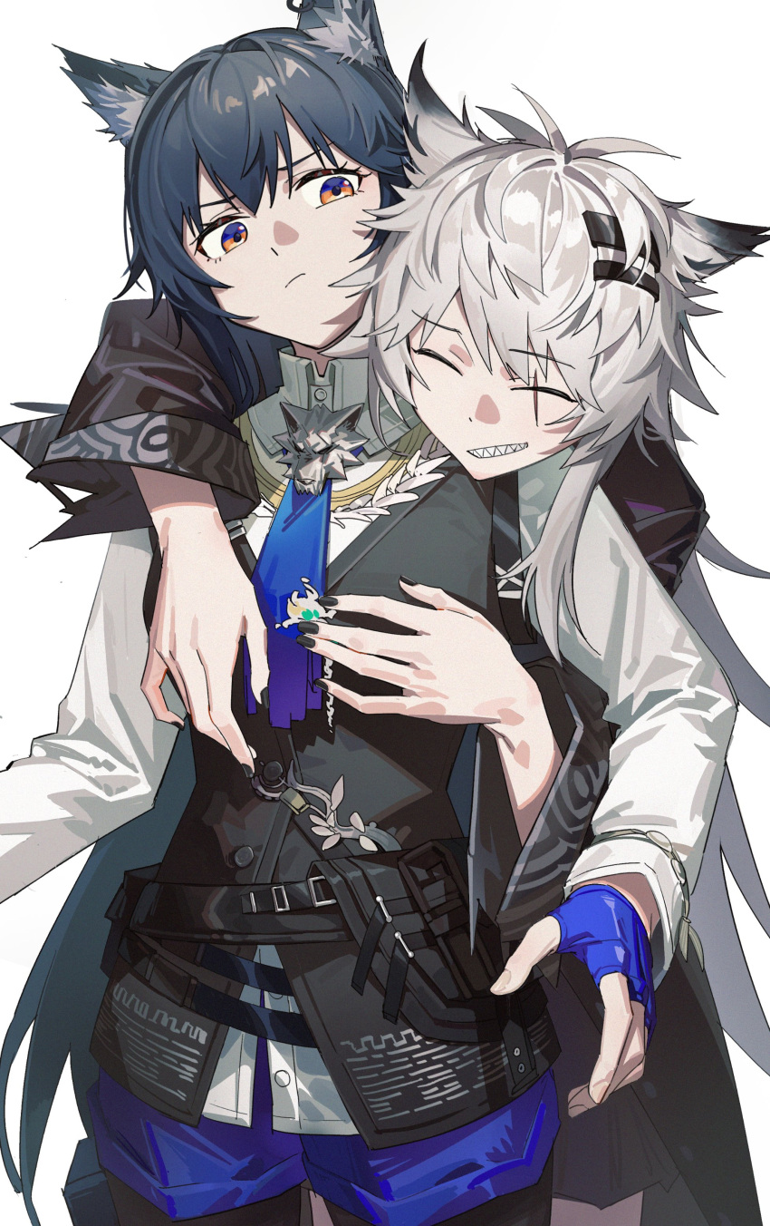 2girls, absurdres, animal_ear_fluff, animal_ear_piercing, animal_ears, annoyed, antenna_hair, arknights, arm_around_neck, arm_up, belt, belt_pouch, black_belt, black_coat, black_hair, black_nails, black_pantyhose, black_skirt, black_vest, blue_eyes, blue_gloves, blue_hair, blue_necktie, blue_shorts, breasts, buttons, closed_eyes, closed_mouth, coat, collared_shirt, commentary, cowboy_shot, dark_blue_hair, dress_shirt, eyelashes, facing_viewer, film_grain, fingerless_gloves, fingernails, from_behind, gloves, grey_hair, grin, hair_between_eyes, hair_intakes, hair_ornament, hairclip, hand_on_another's_chest, hand_up, head_on_another's_shoulder, head_tilt, high_collar, highres, hongchamashu, hoop_piercing, hug, hug_from_behind, lappland_(arknights), lappland_(refined_horrormare)_(arknights), leaning, leaning_on_person, long_hair, long_sleeves, looking_at_another, looking_down, looking_to_the_side, medium_breasts, messy_hair, miniskirt, multiple_girls, nail_polish, necktie, official_alternate_costume, orange_eyes, pantyhose, pantyhose_under_shorts, parted_lips, pouch, pout, scar, scar_across_eye, scar_on_face, shadow, sharp_teeth, shirt, short_shorts, shorts, shoulder_strap, simple_background, skirt, smile, standing, strap, symbol-only_commentary, teeth, texas_(arknights), texas_the_omertosa_(arknights), torn_clothes, torn_coat, torn_necktie, torn_sleeves, two-tone_eyes, v-shaped_eyebrows, very_long_hair, vest, white_background, white_shirt, wide_sleeves, wing_collar, wolf_ears, wolf_girl, yuri