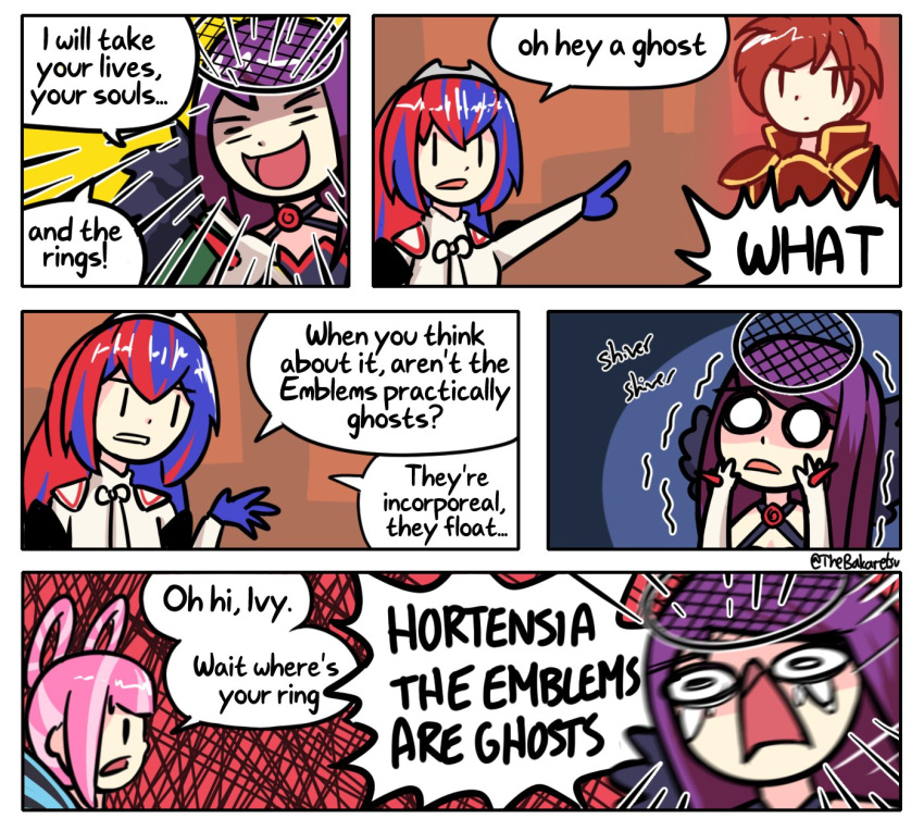 1boy, alear_(female)_(fire_emblem), alear_(fire_emblem), bakaretsu, braid, crossed_bangs, crown_braid, emblem_ring, fire_emblem, fire_emblem:_mystery_of_the_emblem, fire_emblem_engage, highres, hortensia_(fire_emblem), ivy_(fire_emblem), marth_(fire_emblem), multicolored_hair, purple_hair, redhead, siblings, sisters, split-color_hair, tiara, two-tone_hair