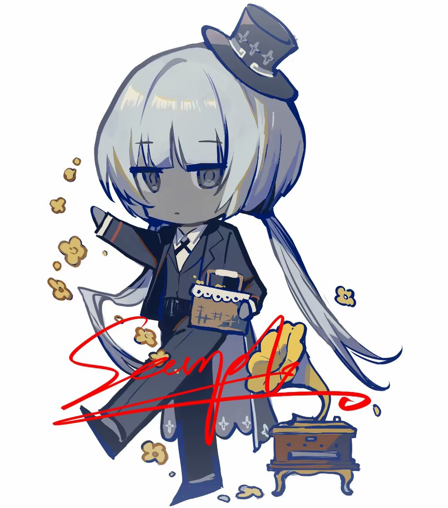 1girl, basket, black_coat, black_pants, black_vest, charon_(project_moon), chibi, coat