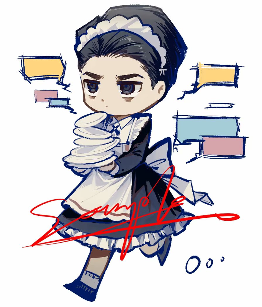 1boy, alternate_eye_color, apron, back_bow, black_dress, black_eyes, black_hair, bow