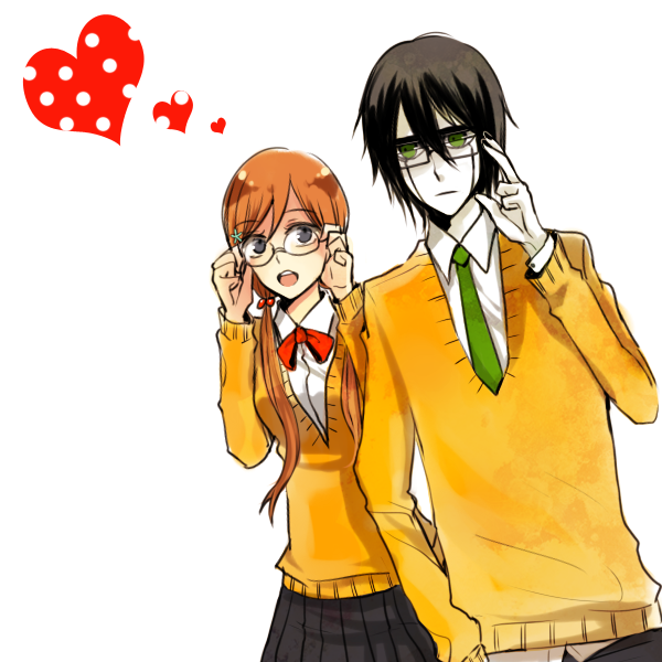 apu, black_hair, bleach, glasses, heart, inoue_orihime, orange_hair, school_uniform