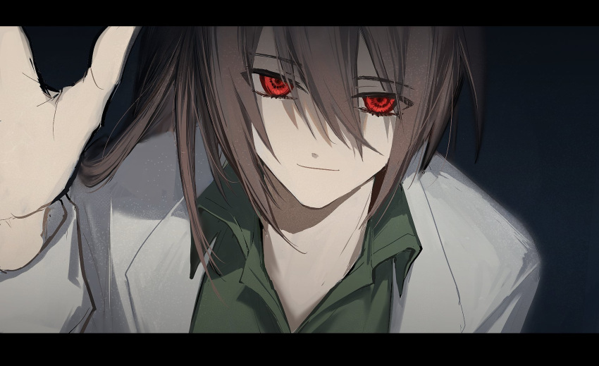 1girl, brown_hair, carmen_(project_moon), closed_mouth, coat, collared_shirt, g7cdpdto2i6hot6, green_shirt