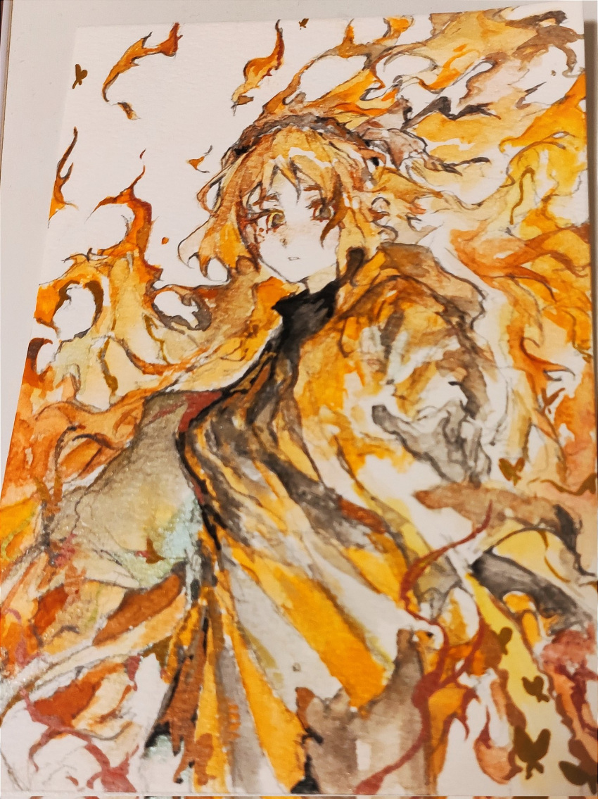 1girl, black_dress, black_gloves, closed_mouth, dress, e.g.o_(project_moon), fiery_hair, floating_hair