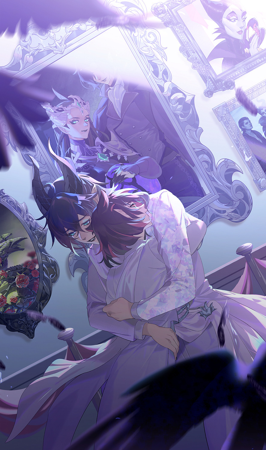 2boys, arms_around_waist, bird, black_coat, black_hair, black_lips, blurry, blurry_foreground