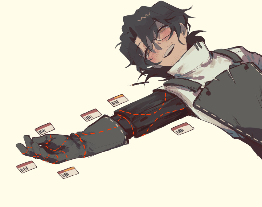 1boy, apron, blush, closed_eyes, cut-here_line, gloves, gregor_(project_moon), grey_apron