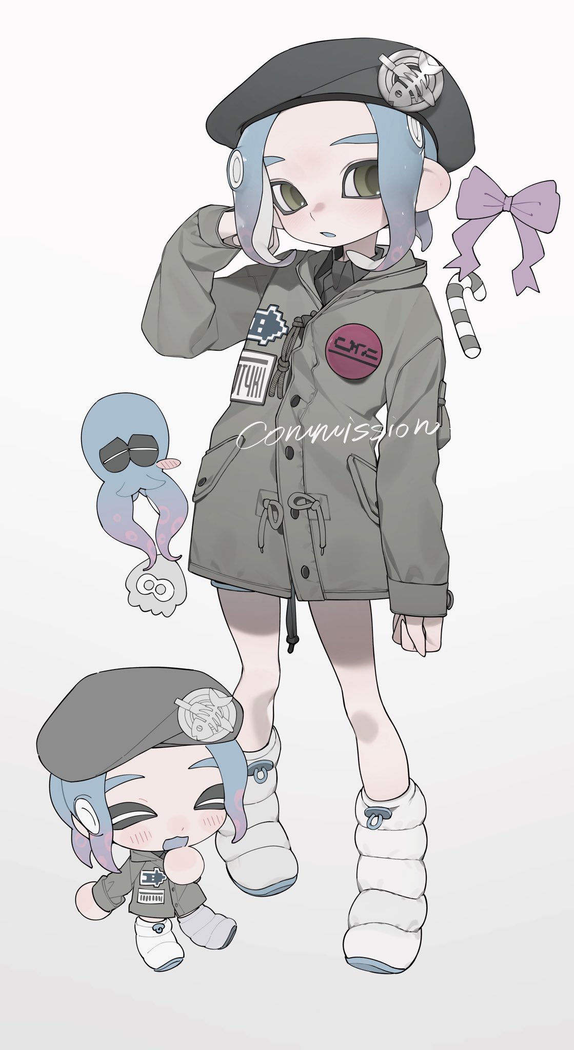 1girl, alternate_form, beret, blue_hair, boots, bow, buttons, chibi
