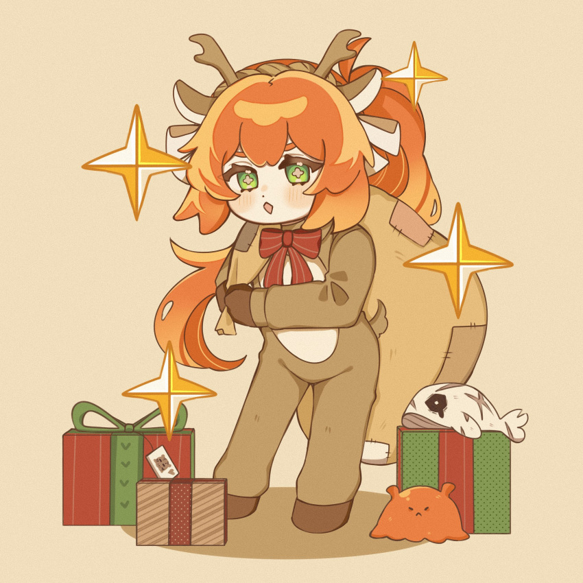 animal_costume, animal_ears, antlers, blush, bow, bowtie, brown_background, cross-shaped_pupils, deer_ears, gift, green_eyes, high_ponytail, highres, holding, holding_sack, ishmael_(project_moon), limbus_company, long_hair, looking_at_viewer, open_mouth, orange_hair, project_moon, qiqi_(amsvartnir), queequeg_(project_moon), red_bow, red_bowtie, reindeer_antlers, reindeer_costume, sack, simple_background, stuffed_whale, symbol-shaped_pupils, the_pallid_whale, umbrella_octopus, very_long_hair